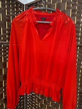 Ann Taylor Bright Red V-Neck Ruffle-Hem Blouse